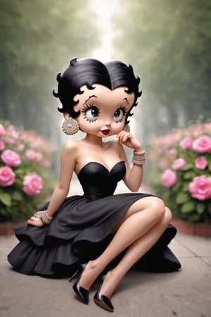 Betty Boop, 1girl, solo, breasts, short hair, black hair, hair ornament, dress, bare shoulders, jewelry, sitting, full body, flower, earrings, shoes, hair flower, blurry, black eyes, black dress, high heels, bracelet, eyelashes, strapless, makeup, depth of field, lipstick, strapless dress, bokeh