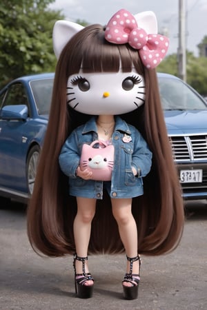 kitty, 1girl, solo, long hair, looking at viewer, bangs, brown hair, shirt, long sleeves, bow, holding, animal ears, jewelry, very long hair, standing, jacket, full body, hair bow, outdoors, open clothes, shoes, cat ears, blunt bangs, necklace, bag, black eyes, high heels, open jacket, no humans, facial mark, polka dot, denim, pink bow, blue jacket, ground vehicle, motor vehicle, furry, handbag, furry female, absurdly long hair, car, holding bag, polka dot bow, platform footwear, photo background, sticker, denim jacket