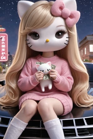 kitty, 1girl, solo, long hair, looking at viewer, bangs, blonde hair, long sleeves, dress, bow, holding, animal ears, sitting, very long hair, hair bow, outdoors, sky, socks, artist name, cat ears, hand up, black eyes, sweater, eyelashes, night, swept bangs, arm support, watermark, pink bow, ground vehicle, building, night sky, motor vehicle, furry, city, furry female, car, coin, lamppost, animal nose, pink sweater, money, prostitution, holding money