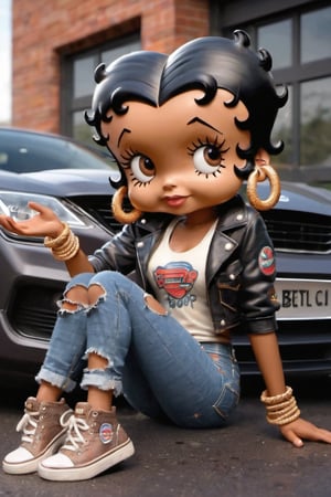 Betty Boop, 1girl, solo, short hair, black hair, brown eyes, jewelry, sitting, jacket, earrings, shoes, pants, dark skin, bracelet, dark-skinned female, torn clothes, tank top, denim, ground vehicle, sneakers, motor vehicle, jeans, hoop earrings, car, vehicle focus, torn pants, sports car, torn jeans