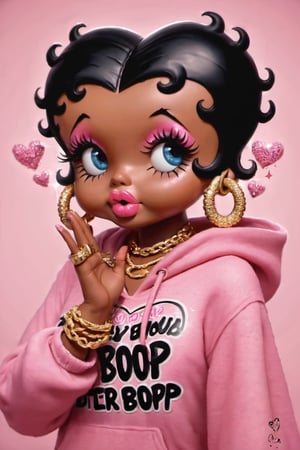 Betty Boop, 1girl, solo, blue eyes, black hair, jewelry, heart, earrings, dark skin, hood, necklace, star (symbol), bracelet, dark-skinned female, eyelashes, sparkle, hoodie, makeup, pink background, ring, lipstick, clothes writing, eyeshadow, hood up, hoop earrings, puckered lips, gold chain, pink hoodie