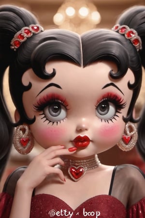 Betty Boop, 1girl, solo, long hair, looking at viewer, blush, black hair, twintails, jewelry, heart, earrings, choker, shiny, artist name, hand up, blurry, see-through, grey eyes, eyelashes, makeup, blurry background, watermark, lipstick, gem, portrait, red nails, eyeshadow, red lips, heart earrings, red gemstone, cosmetics, applying makeup