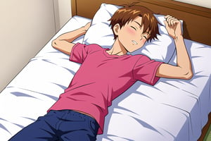 Taichi, 10 years old, without clothes, without a shirt, without pants, sleeps in bed uncovered, with his brown hair disheveled, you can see his whole body. He is sleeping upright, you can see his stomach.