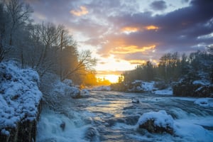 Prompt: SFW, photography of a snowy forest, snow falling, at sunset, a river with rapids crossing the image vertically, SPACE