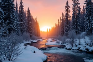 Prompt: SFW, photography of a forest in winter, snow falling, at sunset, a river with rapids crossing the image vertically, Fantasy detailers,