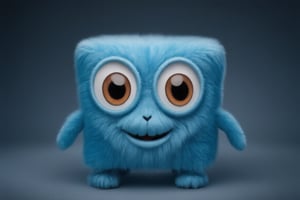 radiant blue cube-shaped mascot, brown big eyes, ears at sides, hands and feet, Tenten