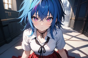 masterpiece, (intricate details), (colorful), extremely detailed, female, blue hair, short, looking at viewer, xenoviaquarta, shirt, ribbon, school uniform, white shirt, black ribbon, ribbon on neck, short sleeves, skirt, red skirt, interior, dark castle, shadows, looking at viewer, alone,