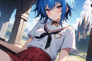 masterpiece, (intricate details), (colorful), extremely detailed, female, blue hair, short, looking at viewer, xenoviaquarta, shirt, ribbon, school uniform, white shirt, black ribbon, ribbon on neck, short sleeves, skirt, red skirt, interior, dark castle, shadows, looking at viewer, alone,