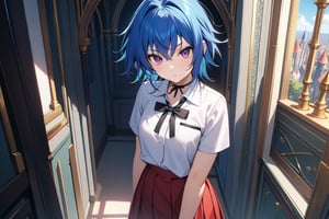 masterpiece, (intricate details), (colorful), extremely detailed, female, blue hair, short, looking at viewer, xenoviaquarta, shirt, ribbon, school uniform, white shirt, black ribbon, ribbon on neck, short sleeves, skirt, red skirt, interior, dark castle, shadows, looking at viewer, alone,