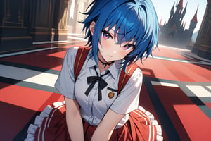 masterpiece, (intricate details), (colorful), extremely detailed, female, blue hair, short, looking at viewer, xenoviaquarta, shirt, ribbon, school uniform, white shirt, black ribbon, ribbon on neck, short sleeves, skirt, red skirt, interior, dark castle, shadows, looking at viewer, alone,