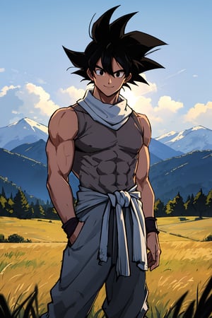 son goku, backlight, black eyes, big eyes, serious look, black hair, fair skin, lock of hair, dirty sleeveless white shirt, grey sweater around waist, white scarf around neck, grey pants with black boots, looking at sky, male focus, muscular, background in field, dirt, grass, water well, mountains in the background, smile, alone, spiky hair, ((masterpiece)) 
