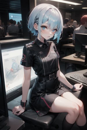 girl, short hair, cute, 13, from U.S.A mo, bule eyes, long eyelashes, emo cute oufit, cuts on arms, fighs, all boys like her,1girl, gamer girl, gameing