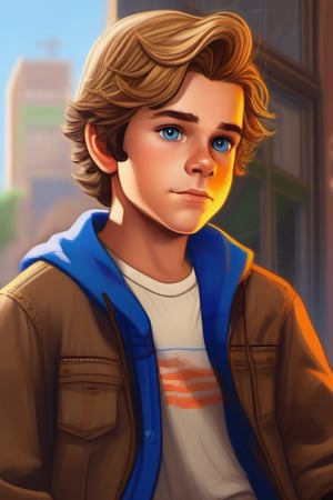 A tender 12-year-old's gaze is fixed intently on the vibrant screen as he navigates the digital world of Grand Theft Auto. His fiery blue eyes sparkle with excitement, his innocent features a perfect blend of youthful charm and subtle sensuality. The room is bathed in soft, golden lighting, casting a warm glow over the boy's tousled hair and the controller cradled in his hands.