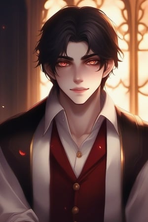 Softly lit close-up captures the tender moment as the 15-year-old vampire boy's bright eyes meet yours, his cheeks flushing dark red as he blushes uncontrollably. His lips curve into a sweet smile, radiating innocence and adoration as he gazes down at you with an unmistakable crush. Golden glow surrounds his face, emphasizing the sincerity of his emotions.