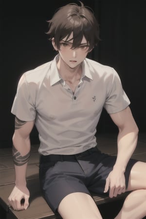 messy hair, guy, boy, middle part hair, black hair, brown eyes, abs, muscular, guy, boy, teenager, middle part, neck tatoos, muscles through shirt, light brown eyes, light brown edges on hair, polo shirt, sitting down, big arms and chest, Anime hot guy, 13 years old