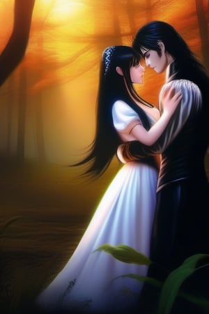 A warm golden sunset casts a mystical glow over a secluded forest glade, where a 15-year-old innocent yet sexy demon girl with piercing crimson eyes and raven-black hair, adorned in a flowing white gown, leans in to share a passionate kiss with a 19-year-old hella sexy vampire boy, his chiseled features illuminated by the soft light. The air is thick with anticipation as their lips meet, the forest's ancient magic swirling around them.