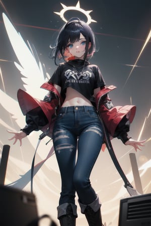 A 13-year-old girl with a short, spiky haircut and a face that radiates 'cute' from every pore. Her bright blue eyes sparkle behind long eyelashes, fringed with innocence. She's dressed in an emo-inspired outfit, complete with ripped jeans, black boots, and a band tee. The subtle cuts on her arms tell the story of a fiery spirit, untamed by societal norms. Surrounded by a halo of attention from boys who can't get enough of her, she stands alone - a gamer girl queen, dominating virtual realms.