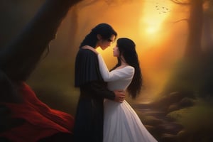 Warm golden sunset casts mystical glow over secluded forest glade, where 15-year-old demon girl's piercing crimson eyes and raven-black hair frame her flowing white gown. Is sharing passionate kiss with 19-year-old vampire boy, his chiseled features illuminated by soft light. Forest's ancient magic swirls around them as their lips meet, air thick with anticipation.