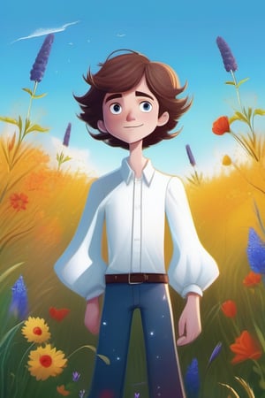 A whimsical depiction of a cute, slender man standing in a sunlit meadow, surrounded by vibrant wildflowers and towering grasses. He's dressed in a simple white shirt with billowy sleeves, and his bright blue eyes sparkle as he gazes up at the sky, a gentle breeze rustling his curly brown hair.