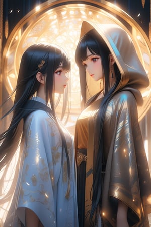 Kyoto Animation style anime, long hair, (((two girls))), beautiful, sexy black-haired woman, ethereal, (16 years old), with detailed and gorgeous hooded kimono, golden hooded kimono, miniskirt, fantasy punk. Cinematic lighting, ethereal light, intricate detail, extremely detailed, incredible detail, full color, intricate detail, extremely detailed and intricate, ultra-minimalist, extremely detailed, rich in color. Masterpiece, best quality, HDR, UHD, Unreal Engine. Representative, fair skin, rich details and high quality, gorgeous, 8k, ultra-details, gorgeous light and shadow, meticulous decoration, meticulous lines, glitter