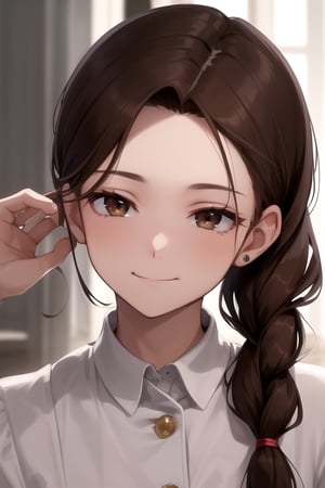 (8k,masterpiece, best quality, highres), 1girl,long hair, ((hair pulled back hairstyles)), brown hair,brown eyes, smile,(closed mouth:1.2) ,delicated eyes, delicated face,hair accessories,focus,portrait