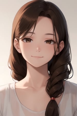 (8k,masterpiece, best quality, highres), 1girl,long hair, ((hair pulled back hairstyles)), brown hair,brown eyes, smile,(closed mouth:1.2) ,delicated eyes, delicated face,hair accessories,focus,portrait