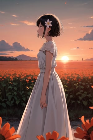 1girl, solo, short hair, black hair, White long skirt,whole body, flower, redscale, profile,sunset,movie mood,Beautiful