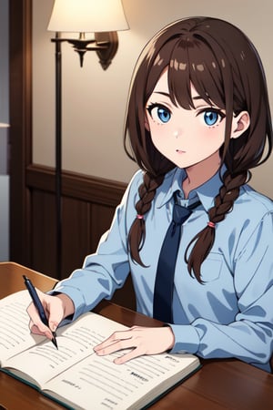 Best quality, masterpiece,  solo, perfect face, perfect eyes, brown hair, long braids, shirt, tie, lamp, table, pen, notebook, writing in notebook, looking at viewer