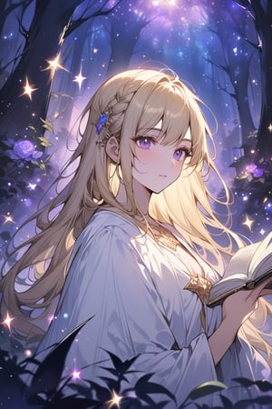 A beautiful witch wearing white robe, reading a grimoire in a starry night, in an enchanting forest, surrounded by mystical atmosphere and magical ambiance, glitters, glowing particles, misty. (masterpiece, top quality, best quality, official art, beautiful and aesthetic:1.2), (1girl:1.4), upper body, blonde hair, portrait, extreme detailed, fantasy art, intricate arcane wiccan designs, 