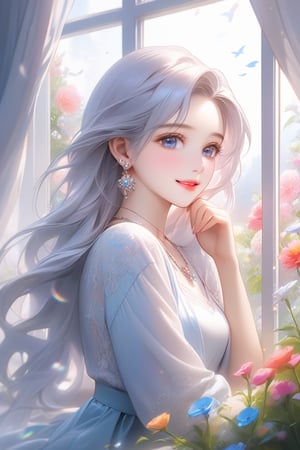 Beautiful soft light, (beautiful and delicate eyes), very detailed, pale skin, big smile, (long hair), dreamy, medium chest, female 1, ((front shot)), bangs, soft expression, height 170, elegance, bright Smile, 8k art photo, photorealistic concept art, realistic, person, small necklace, small earrings, fantasy, jewelry, shyness, dreamy soft image, masterpiece, ultra-high resolution, skirt, shirt, jacket, color, (the wind blows softly) ), (looking slightly raised and immersed in happy thoughts), girl sitting on the window sill with her chin supported by both hands, looking at the flower field outside the window, colorful, glitter, color art,BugCraft