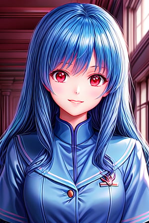 best quality,masterpiece,1girl,gyaru,light skin,uniform school blue,long hair,blue hair,bangs,smile,eyes red,collar,high detail eyes,school background