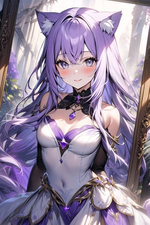 A masterpiece of a nekomata, a mature woman with petite features. She stands before us in a short-shorted uniform, her gray eyes gleaming with subtle seductiveness. Her long, flowing locks are infused with purple hues, adding an air of mystique to her alluring presence. Framed against a crisp, high-definition background, her 4K-quality image radiates intimacy and allure, as if she's sharing a secret only with us. The soft focus accentuates her subtle smile, beckoning us to step into the world of enchantment.