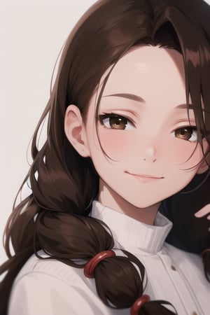 (8k,masterpiece, best quality, highres), 1girl,long hair, ((hair pulled back hairstyles)), brown hair,brown eyes, smile,(closed mouth:1.2) ,delicated eyes, delicated face,hair accessories,focus,portrait