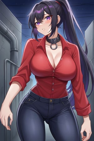 fair skin beuatiful sexi anime girl with Her jet-black hair is styled in a sleek,high ponytail & vibrant purple eyes,with red shirt with sleeves and unbuttoned collar & black jeans,nside of a abandoned urban factory in a dark night sky, 1girl