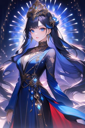 The artwork depicts a stunning, anime-style character with vibrant and intricate details. The character has striking blue eyes that stand out against her flawless, fair skin. Her hair is a captivating blend of colors, primarily dark blue with striking streaks of red and lighter blue, adding to her mesmerizing appearance. She is adorned with ornate accessories, including a blue, jewel-like headpiece that matches the embellishments in her hair and earrings, and a golden floral hairpin that contrasts beautifully with her colorful locks.

The character is dressed in a black, lacy choker and a matching outfit that showcases an elegant yet bold style. Her expression is both captivating and enigmatic, drawing the viewer in with a sense of mystery and allure. The background features a display of fireworks, adding a festive and dynamic atmosphere to the scene.

This piece showcases the artist's skill in combining elements of fantasy and elegance, creating a visually striking and emotionally engaging character. The use of color, attention to detail, and the overall composition highlight the artist's talent in creating immersive and captivating artwork.