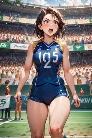 Masterpiece, detailed image, Hight resolution, a woman, belly button, dynamic feeling, volleyball uniform, volleyball court, volleyball, spikes, jump, many spectators in the background, large arena