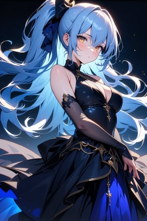 masterpiece,best quality,ultra-detailed,4k,1girl,long hair,blue light hair,high ponytail,dragon girl,gold eyes,basic background,beuatiful dress black