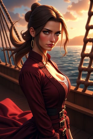 Sensual Beauty (Talia Morgulis) 18-th Century Pirate Captain, (vivid eyes), smooth long Brown ponytail hair, wearing, (traditional 18-th century Burgundy Pirate outfit), Commanding her ship, ((Pirate ship deck Background)) , (dynamic pose, random pose, modeling:1.4), (Mid body shot), sensual, beautiful, mesmerizing, concept art, highly detailed, artstation, behance, deviantart, inspired by innocent manga, inspired by video game concept art, trending, ayami kojima, shinichi sakamoto, Extremely Realistic, UHD, 8K, sharp focus, highly detailed masterpiece, bokeh, masterful volumetric lighting, epic light, intricate, intense colors, vibrant colors, chromatic aberration, epic fantasy, powerful aura, passionate, sensual, sexy, fiery,oil paint,Movie Poster,oil painting, chiaroscuro, tenebrism