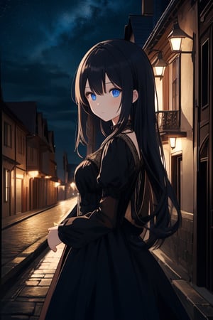 masterpiece,ultra quality,ultra detalis,1girl,long hairstyle,black hair,blue eyes,dress gothic,house background in the night