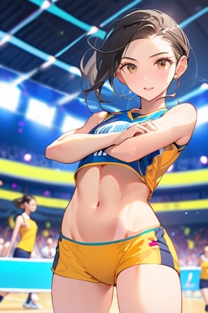 Masterpiece, detailed image, Hight resolution, a woman, belly button, dynamic feeling, volleyball uniform, volleyball court, volleyball, spikes, jump, many spectators in the background, large arena