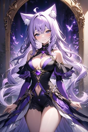 A masterpiece of a nekomata, a mature woman with petite features. She stands before us in a short-shorted uniform, her gray eyes gleaming with subtle seductiveness. Her long, flowing locks are infused with purple hues, adding an air of mystique to her alluring presence. Framed against a crisp, high-definition background, her 4K-quality image radiates intimacy and allure, as if she's sharing a secret only with us. The soft focus accentuates her subtle smile, beckoning us to step into the world of enchantment.