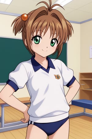 masterpiece, best quality,1girl, kinomoto sakura, antenna hair, brown hair, short hair, twintails, green eyes, gym uniform, white shirt, buruma,smile, standing, solo, looking at viewer, indoors, classroom background 