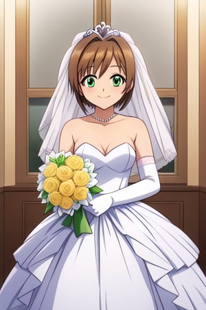 ((masterpiece,best quality)), absurdities, BREAK, , , zzsakura kinomoto, brown hair, short hair, green eyes, BREAK, bride, wedding dress, wedding veil, strapless dress, elbow gloves, holding bouquet,, BREAK, solo, smile, looking at viewer, cowboy photo,