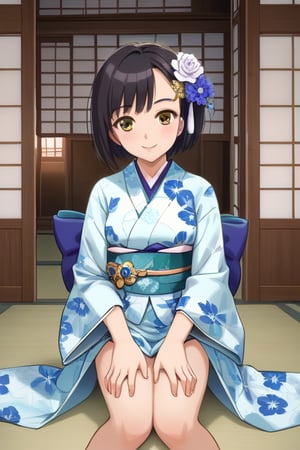 masterpiece, best quality, absurdres, perfect anatomy, 1girl, solo, Rinwell, short hair, hair ornament, indoors, kimono, hair flower, floral print, wariza, sitting, hands on own knees