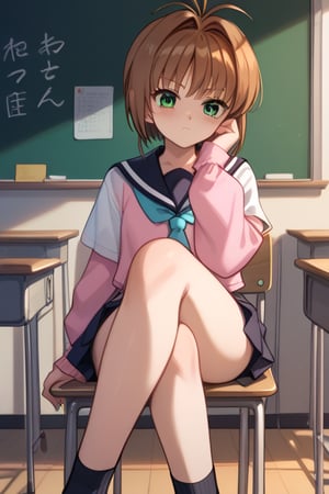 score_9, score_8_up, score_7_up [BREAK] 16 year old girl, 1 girl, kinomoto sakura, antenna hair, brown hair, short hair, green eyes, evil eyes [BREAK] Light pink clothes [BREAK] Classroom, Blackboard, Sitting on a chair, Crossing her legs [BREAK] Natural light, Kanna Kamui, Score_7_up