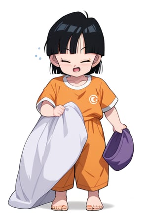 source_anime, score_9, score_8_up, score_7_up, anime screencap,8k, absurd res,pan \(dragon ball\), 1girl, solo, short hair, open mouth, simple background, black hair, white background, standing, full body, closed eyes, barefoot, child, orange pajamas, holding blanket, toenails, female child, sleepy, rubbing eyes, bangs