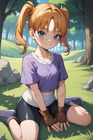 Videl, 1girl, blue eyes, shadows, blue eyes, pigtails, twintails, white shirt, purple shirt, , masterpiece, best quality, absurdres, perfect lighting, score_9, score_8_up, score_7_up source_anime, fingerless gloves, bike shorts, open field, trees, rocks, looking at viewer, scratches, light smile, sitting, meditating