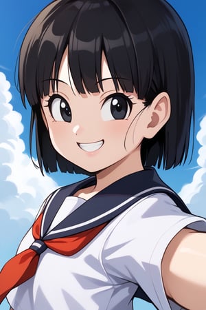 masterpiece, , 1girl, solo, short black hair, (black eyes), pan, from front, school uniform, selfie, upper body, light smile, portrait, from side, blue sky, cloud, school yard, ,