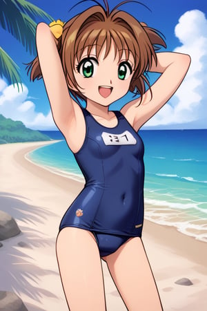 masterpiece, best quality,1girl, kinomoto sakura, antenna hair, brown hair, short hair, twintails, green eyes, school swimsuit, hands behind head, one-piece swimsuit, open mouth, smile, happy, solo, looking at viewer, sea, sand, blue sky, tropical island background 