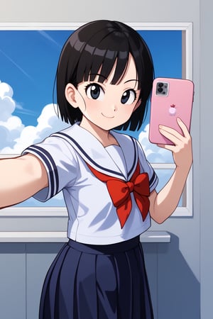 masterpiece, , 1 girl, solo, short black hair, (black eyes), pan, front view, school uniform, selfie, full body, slight smile, portrait, side view, blue sky, cloud, schoolyard, ,